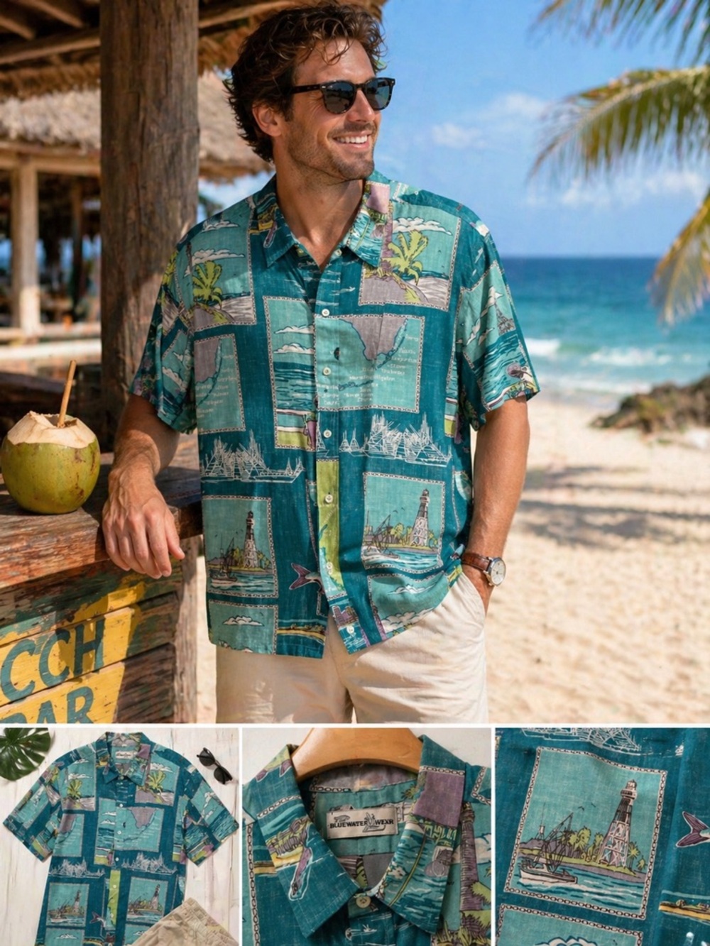Vintage Blue Water Wear Tropical Button Down Shirt | Nautical Shirt Resort Style